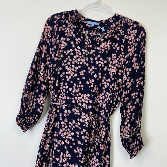 Draper James Navy Pink Floral Dress Women’s Size Small Tie Waist - Picture 2 of 12